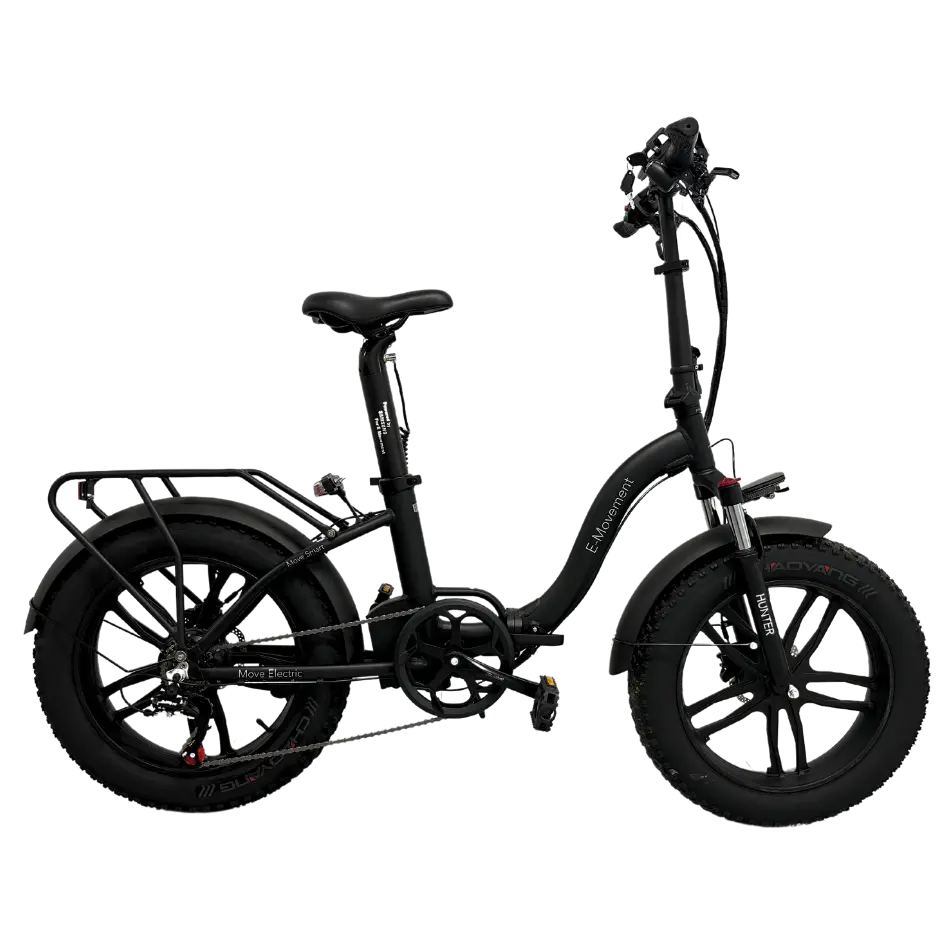 Hunter extreme: A black step-through electric bike with a low frame, fat tyres and rear rack in black