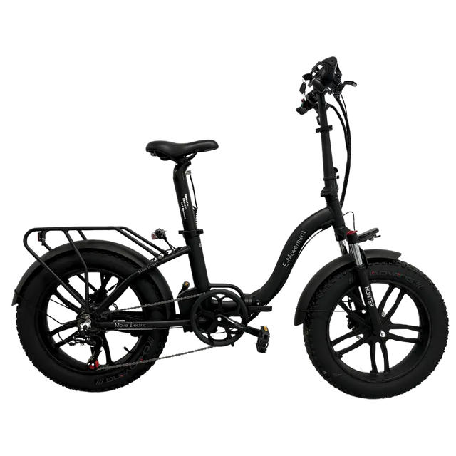 Hunter extreme: A black step-through electric bike with a low frame, fat tyres and rear rack in black