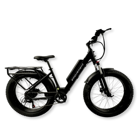 Aries by emovement: cblack fat tyre, step through frame ebike with a rear rack