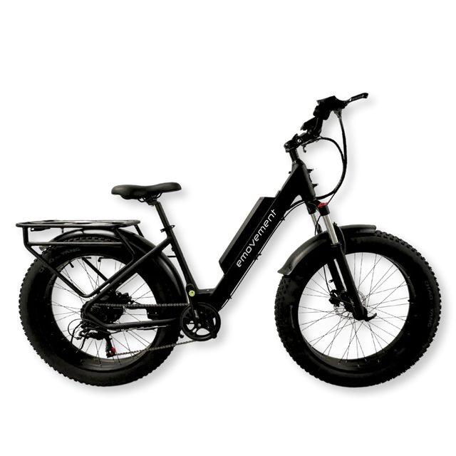 Aries by emovement: cblack fat tyre, step through frame ebike with a rear rack