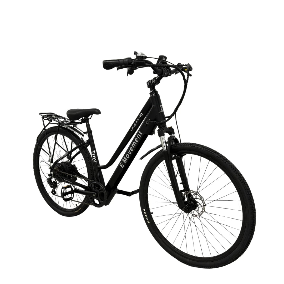 Black step-through electric bike with city handlebars and a rear rack