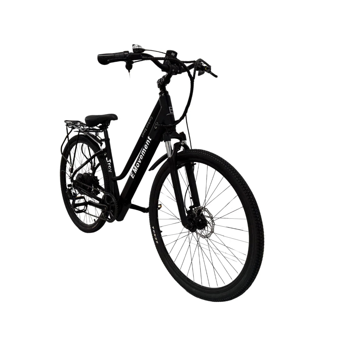 Black step-through electric bike with city handlebars and a rear rack