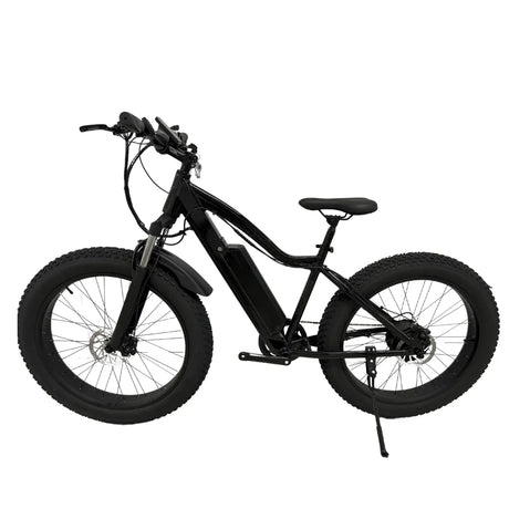 emovement black fat tyre electric mountain bike called thunder