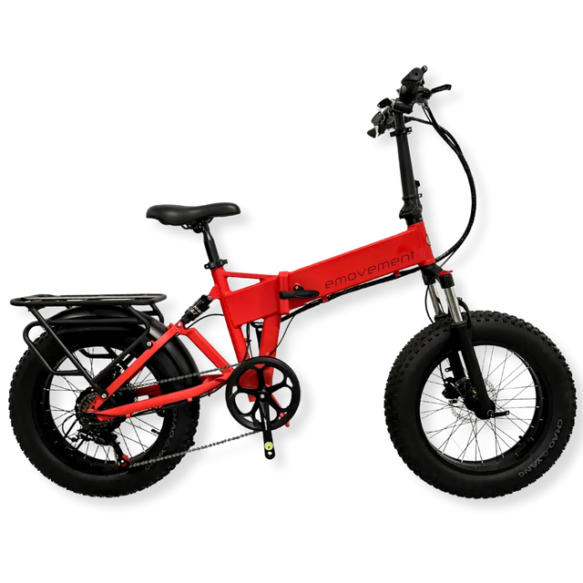 Panther in Blaze is a beautiful fire engine red ebike by emovement with dual suspension, a rear rack and fat tyres