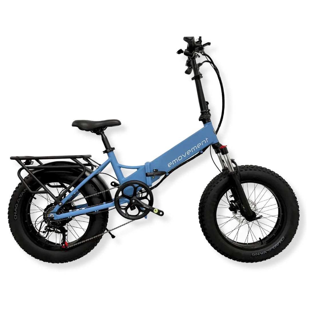 Emovement Pixie in sky ( a pretty blue shade) is a low frame womens electric bike with fat tyres and a rear rack.