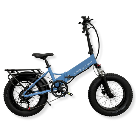 Emovement Pixie in sky ( a pretty blue shade) is a low frame womens electric bike with fat tyres and a rear rack.