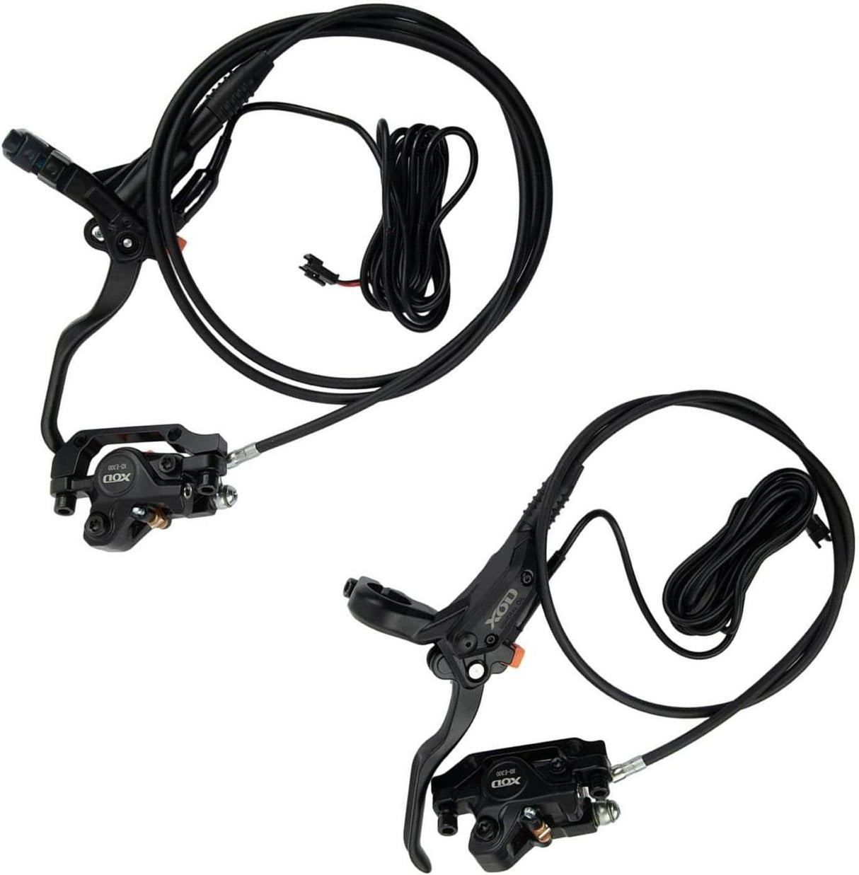 Pair of black bicycle brake levers with cables