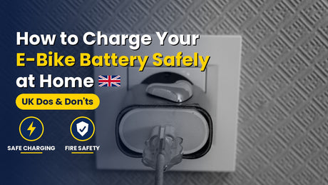 How to charge an e-bike battery safely at home in the UK, charger plugged into a wall socket