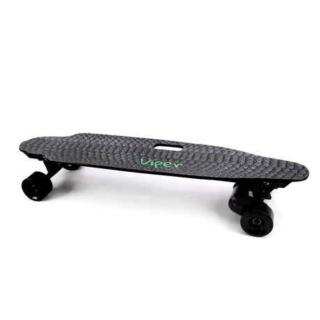 Viper electric longboard, remote controlled, grey scaled and matte black with green font saying "viper"