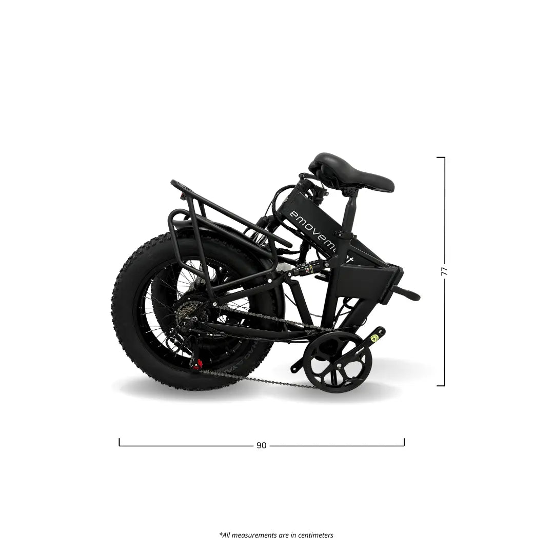 Panther black folding ebike image showing how the bike folds and what the dimensions of the ebike are when it is folded