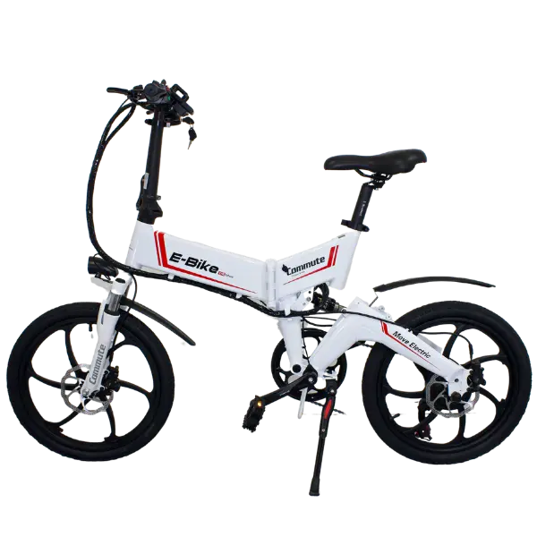 emovement commute folding ebike in white with dual suspension side view