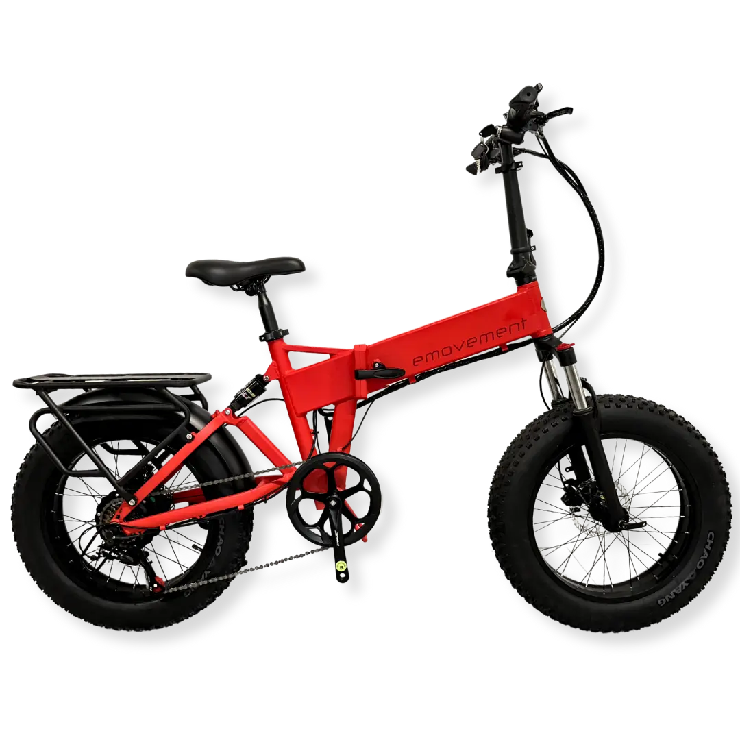 Panther in Blaze is a beautiful fire engine red ebike by emovement with dual suspension, a rear rack and fat tyres