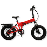 Panther in Blaze is a beautiful fire engine red ebike by emovement with dual suspension, a rear rack and fat tyres