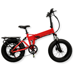 Panther in Blaze is a beautiful fire engine red ebike by emovement with dual suspension, a rear rack and fat tyres